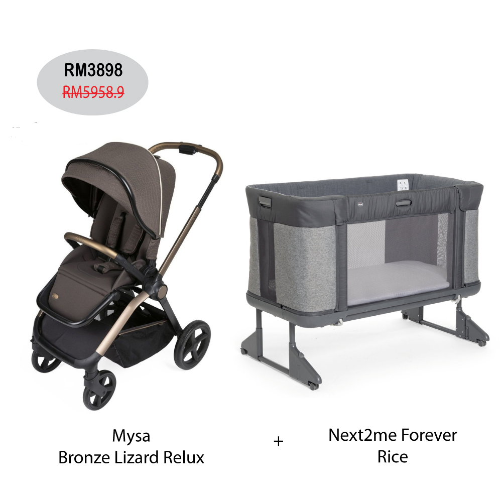 Next2me Forever Baby Crib + Mysa Bronze Lizard Relux Stroller