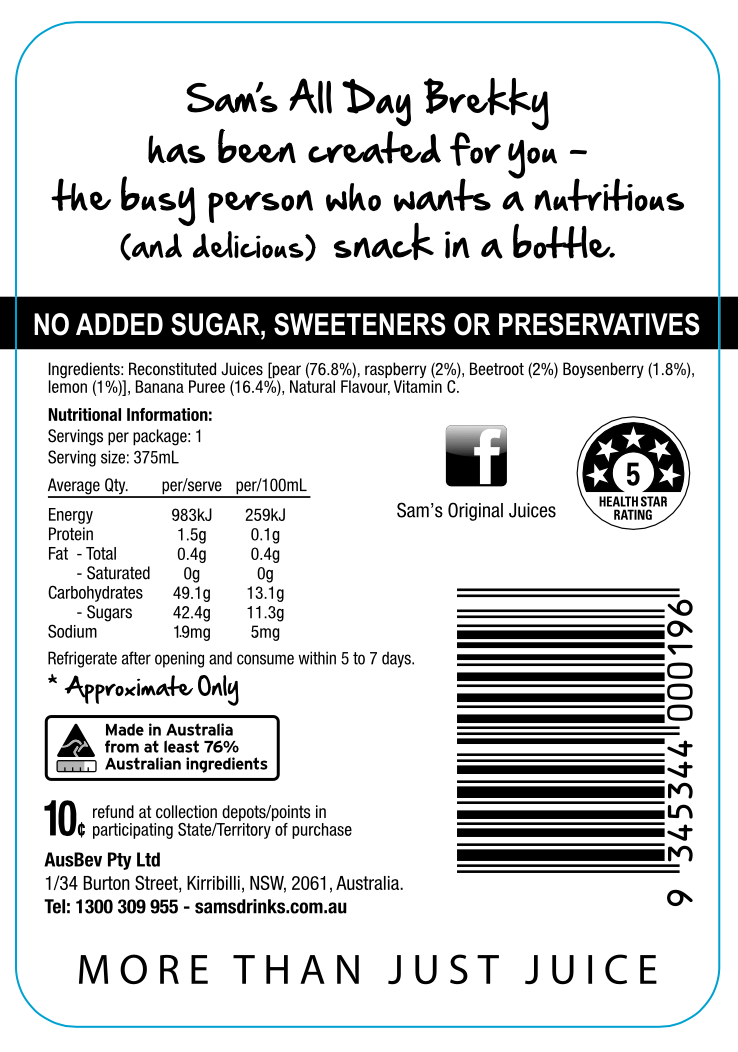 Sam's All Day Brekky Vitamin Fruit Juice 375mL (Case of 12)