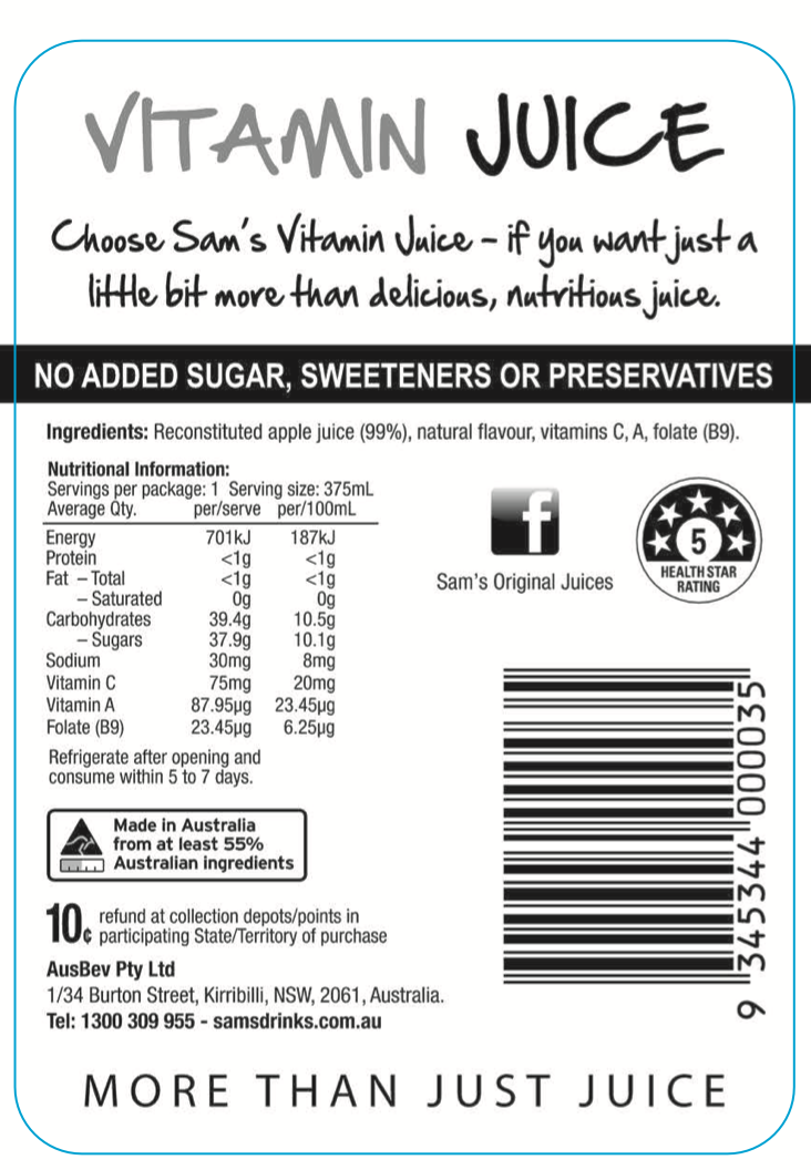 Sam's Apple Vitamin Fruit Juice 375mL (Case of 12)