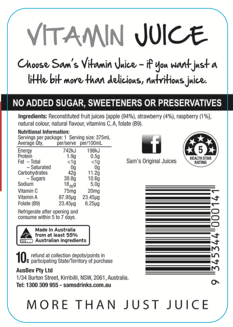 Sam's Berry Apple Vitamin Fruit Juice 375mL (Case of 12)