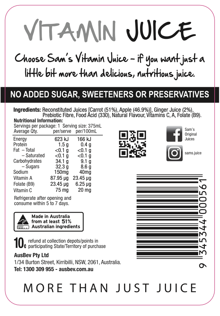 Sam's Fruit & Veggie Vitamin Juice 375mL (Case of 12)