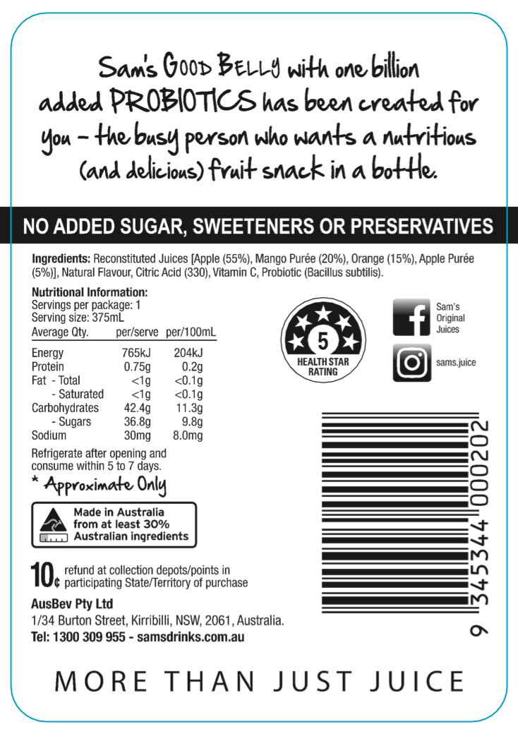 Sam's Good Belly Lunch Fruit Juice with Probiotics 375mL (Case of 12)