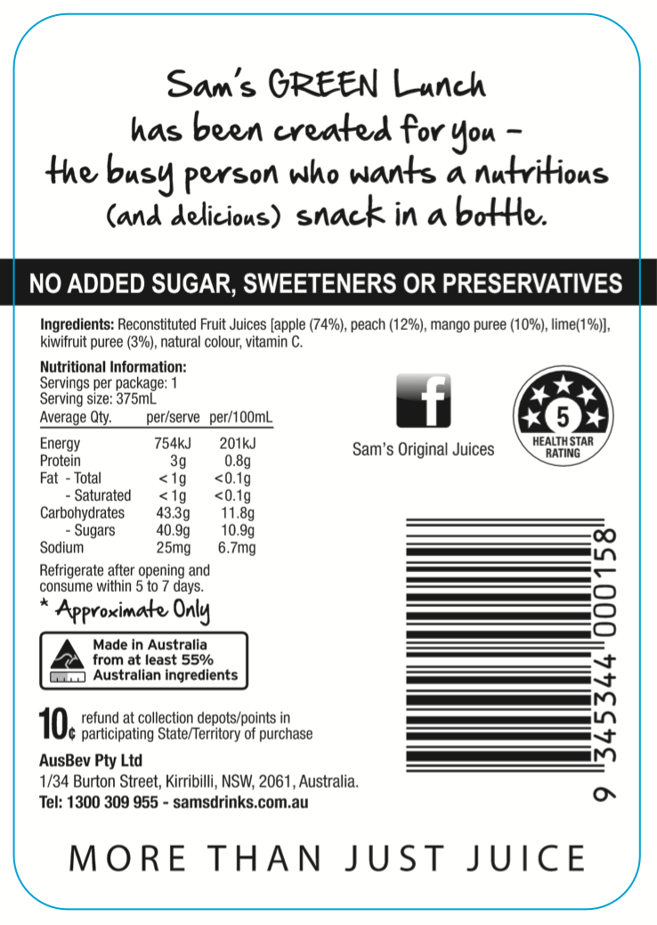 Sam's Green Lunch Fruit Juice 375mL (Case of 12)