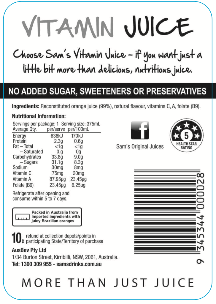Sam's Orange Vitamin Fruit Juice 375mL (Case of 12)
