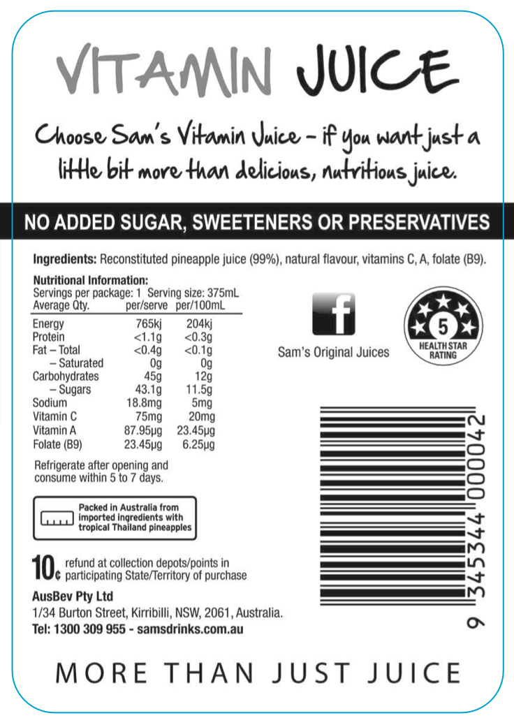 Sam's Pineapple Vitamin Fruit Juice 375mL (Case of 12)