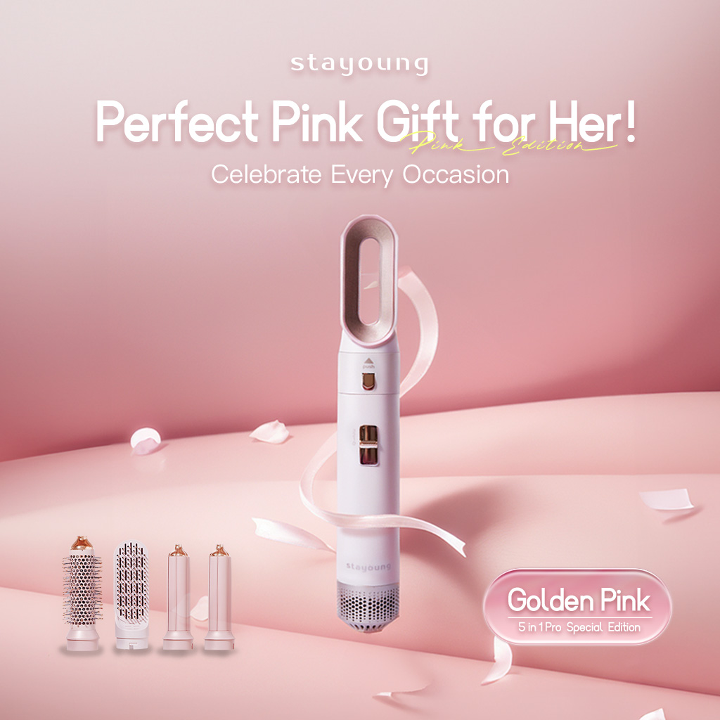 【Pink Edition】STAYOUNG 5 in 1 Hair Styler Pro, Golden Pink Special Edition, 5 IN 1 Multifunctional Hair Dryer Styling Tool, Detachable 5-in-1 Multi-Head Hot Air Comb, The Negative Ion Automatic Suction Hair Curl