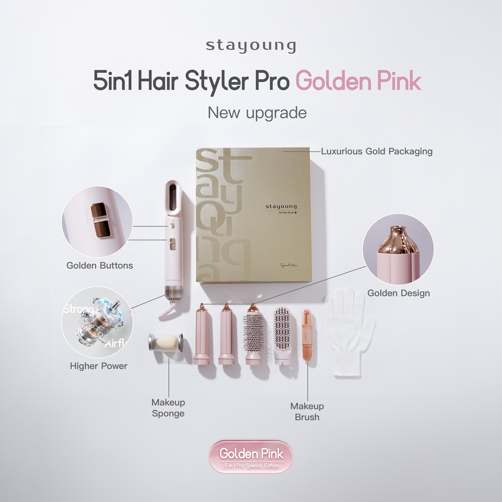 【Pink Edition】STAYOUNG 5 in 1 Hair Styler Pro, Golden Pink Special Edition, 5 IN 1 Multifunctional Hair Dryer Styling Tool, Detachable 5-in-1 Multi-Head Hot Air Comb, The Negative Ion Automatic Suction Hair Curl