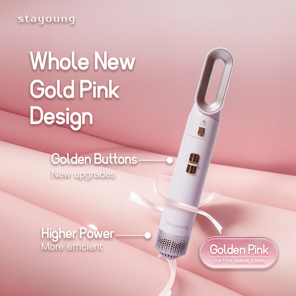 【Pink Edition】STAYOUNG 5 in 1 Hair Styler Pro, Golden Pink Special Edition, 5 IN 1 Multifunctional Hair Dryer Styling Tool, Detachable 5-in-1 Multi-Head Hot Air Comb, The Negative Ion Automatic Suction Hair Curl