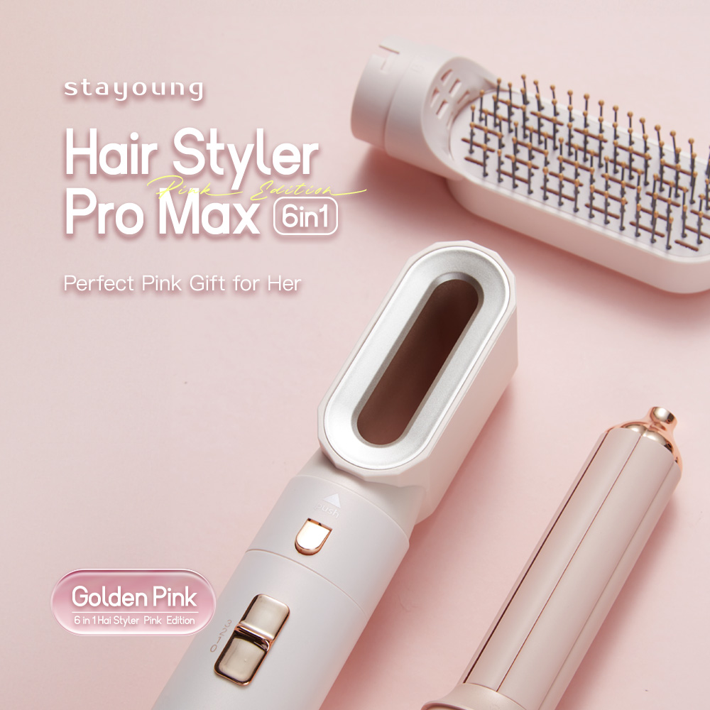 【6in1】STAYOUNG 6 in 1 Hair Styler C1 Pro Max Golden Pink Multifunctional Hair styler Tool Oval Brush