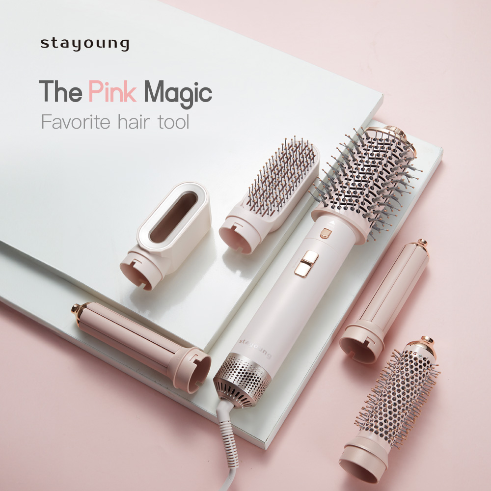 【6in1】STAYOUNG 6 in 1 Hair Styler C1 Pro Max Golden Pink Multifunctional Hair styler Tool Oval Brush