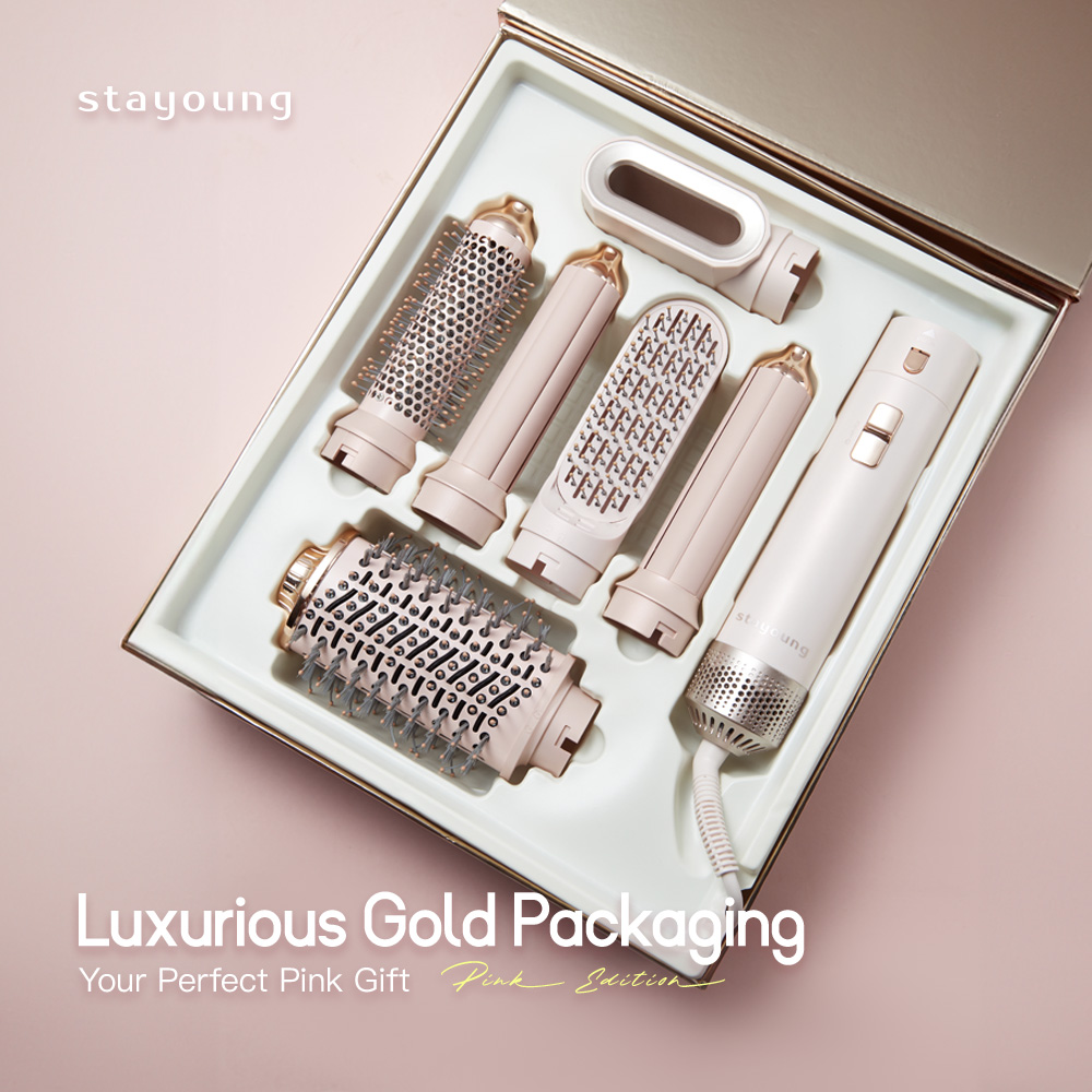 【6in1】STAYOUNG 6 in 1 Hair Styler C1 Pro Max Golden Pink Multifunctional Hair styler Tool Oval Brush