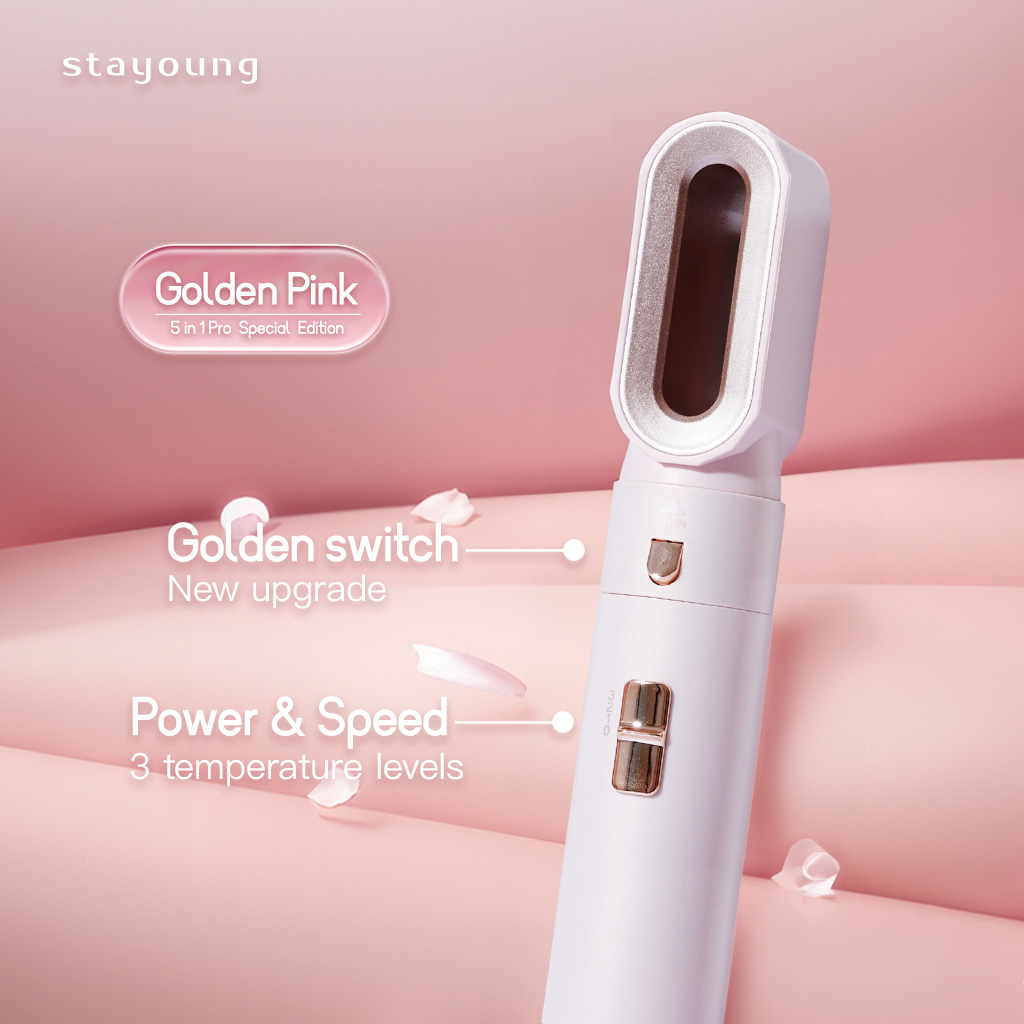 【Pink Edition】STAYOUNG 5 in 1 Hair Styler Pro, Golden Pink Special Edition, 5 IN 1 Multifunctional Hair Dryer Styling Tool, Detachable 5-in-1 Multi-Head Hot Air Comb, The Negative Ion Automatic Suction Hair Curl