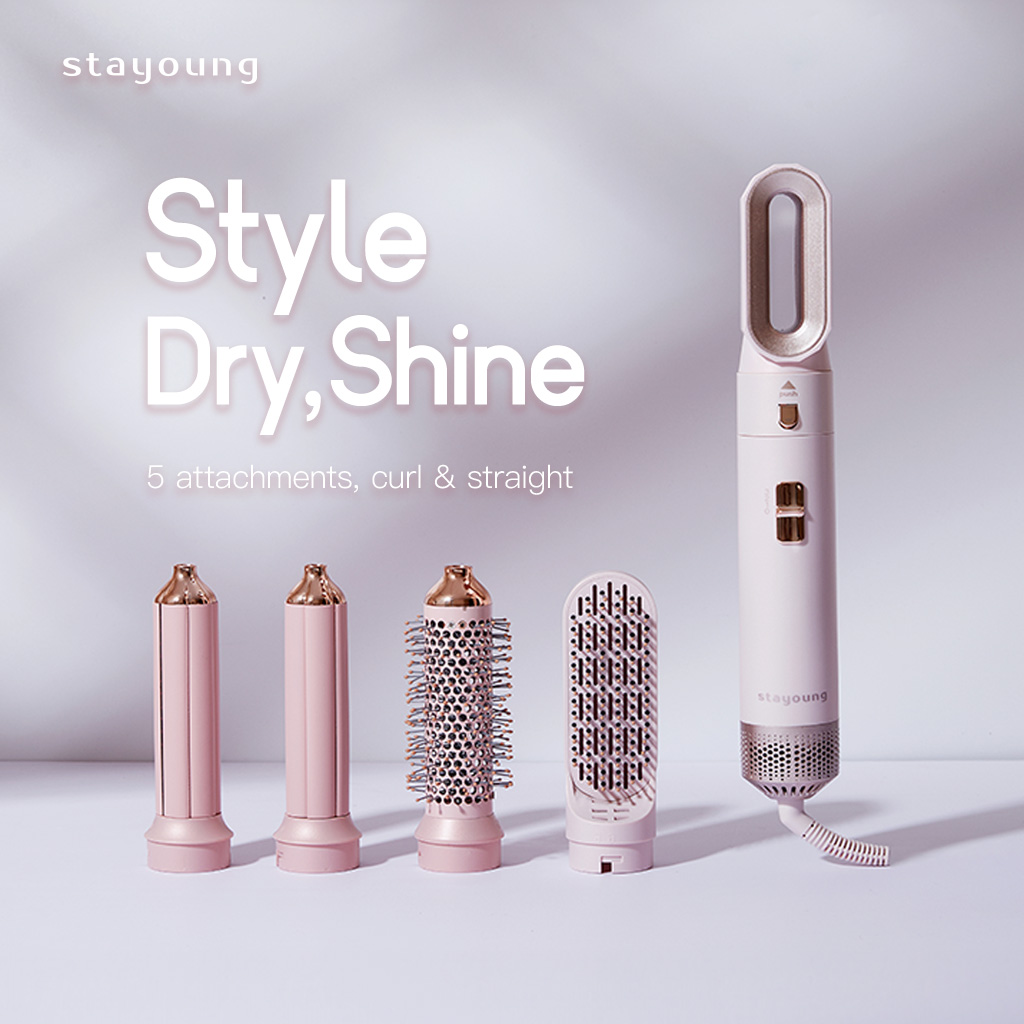 【Pink Edition】STAYOUNG 5 in 1 Hair Styler Pro, Golden Pink Special Edition, 5 IN 1 Multifunctional Hair Dryer Styling Tool, Detachable 5-in-1 Multi-Head Hot Air Comb, The Negative Ion Automatic Suction Hair Curl