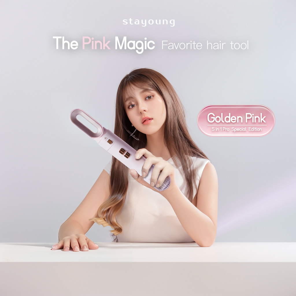 【Pink Edition】STAYOUNG 5 in 1 Hair Styler Pro, Golden Pink Special Edition, 5 IN 1 Multifunctional Hair Dryer Styling Tool, Detachable 5-in-1 Multi-Head Hot Air Comb, The Negative Ion Automatic Suction Hair Curl