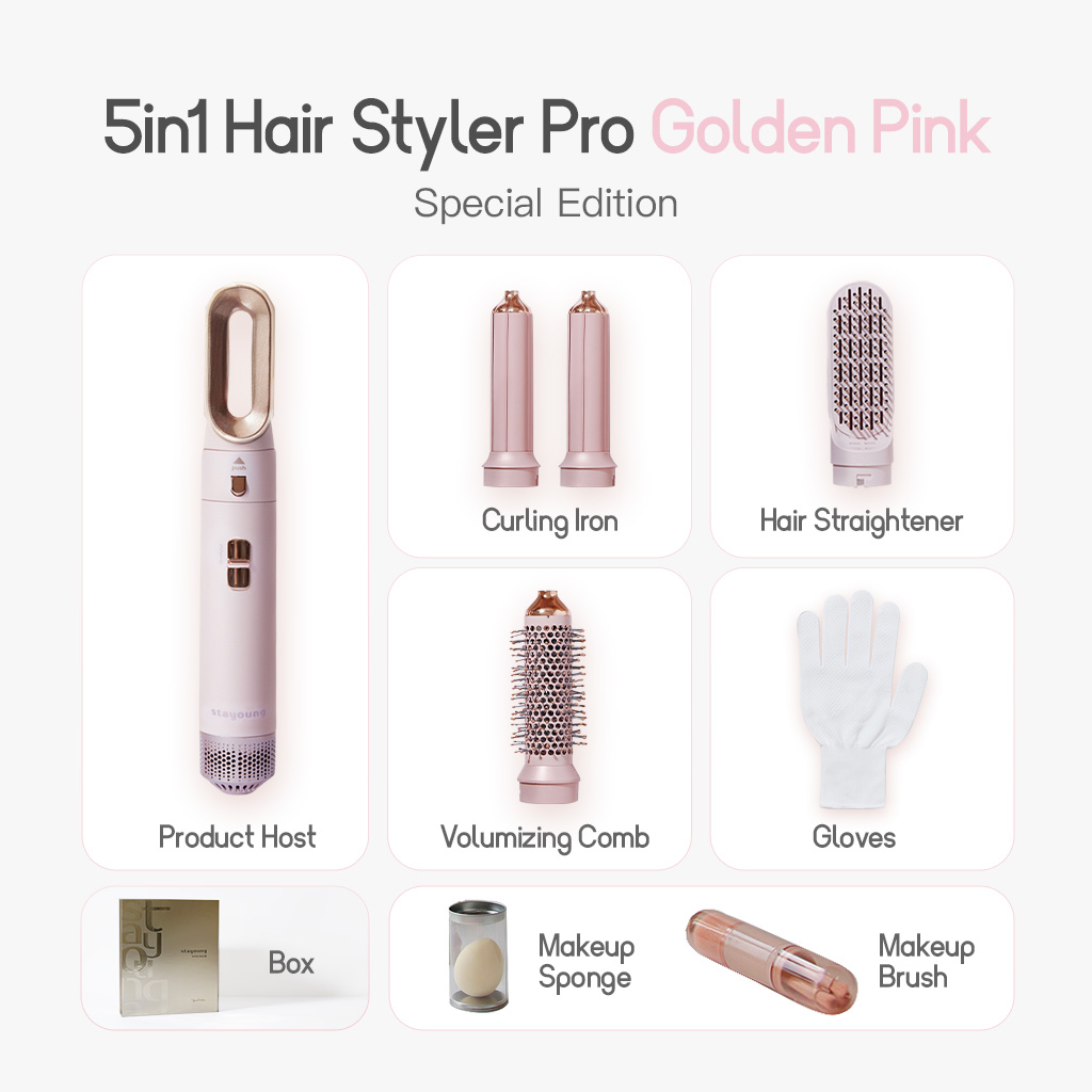 【Pink Edition】STAYOUNG 5 in 1 Hair Styler Pro, Golden Pink Special Edition, 5 IN 1 Multifunctional Hair Dryer Styling Tool, Detachable 5-in-1 Multi-Head Hot Air Comb, The Negative Ion Automatic Suction Hair Curl
