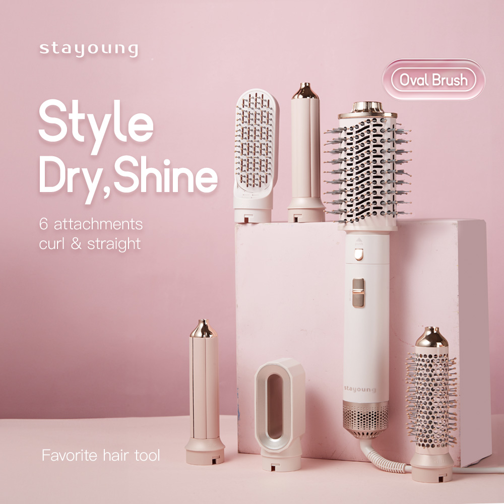 【6in1】STAYOUNG 6 in 1 Hair Styler C1 Pro Max Golden Pink Multifunctional Hair styler Tool Oval Brush