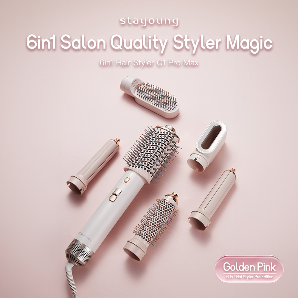【6in1】STAYOUNG 6 in 1 Hair Styler C1 Pro Max Golden Pink Multifunctional Hair styler Tool Oval Brush