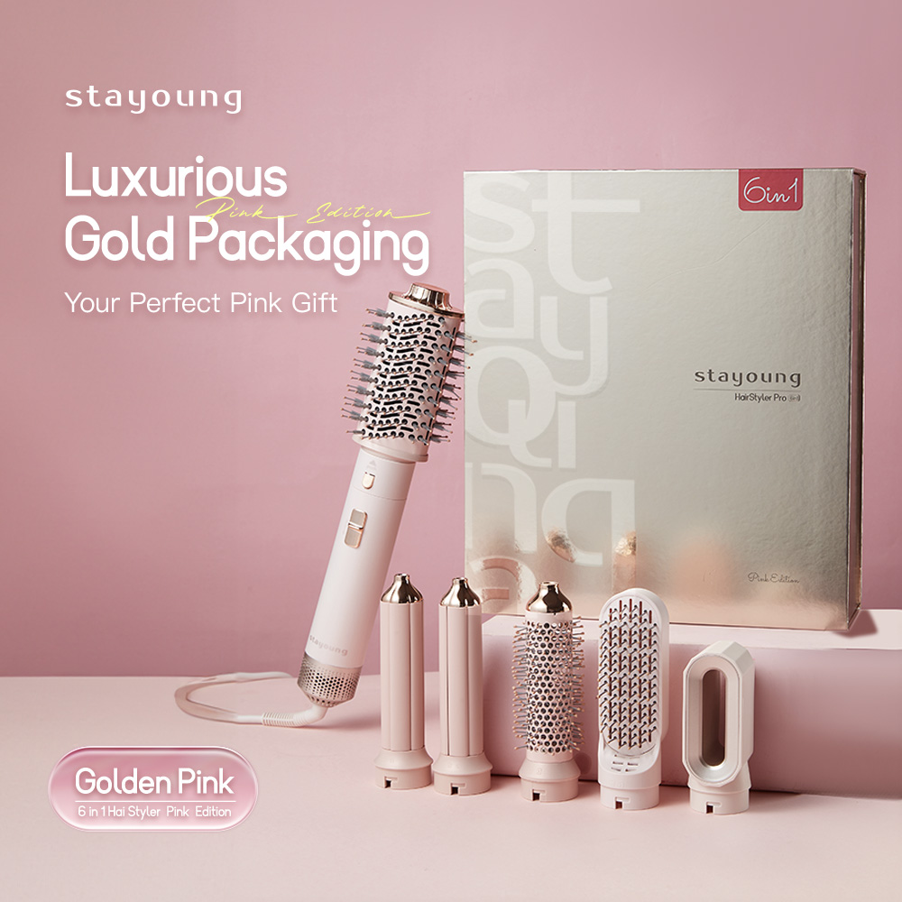 【6in1】STAYOUNG 6 in 1 Hair Styler C1 Pro Max Golden Pink Multifunctional Hair styler Tool Oval Brush