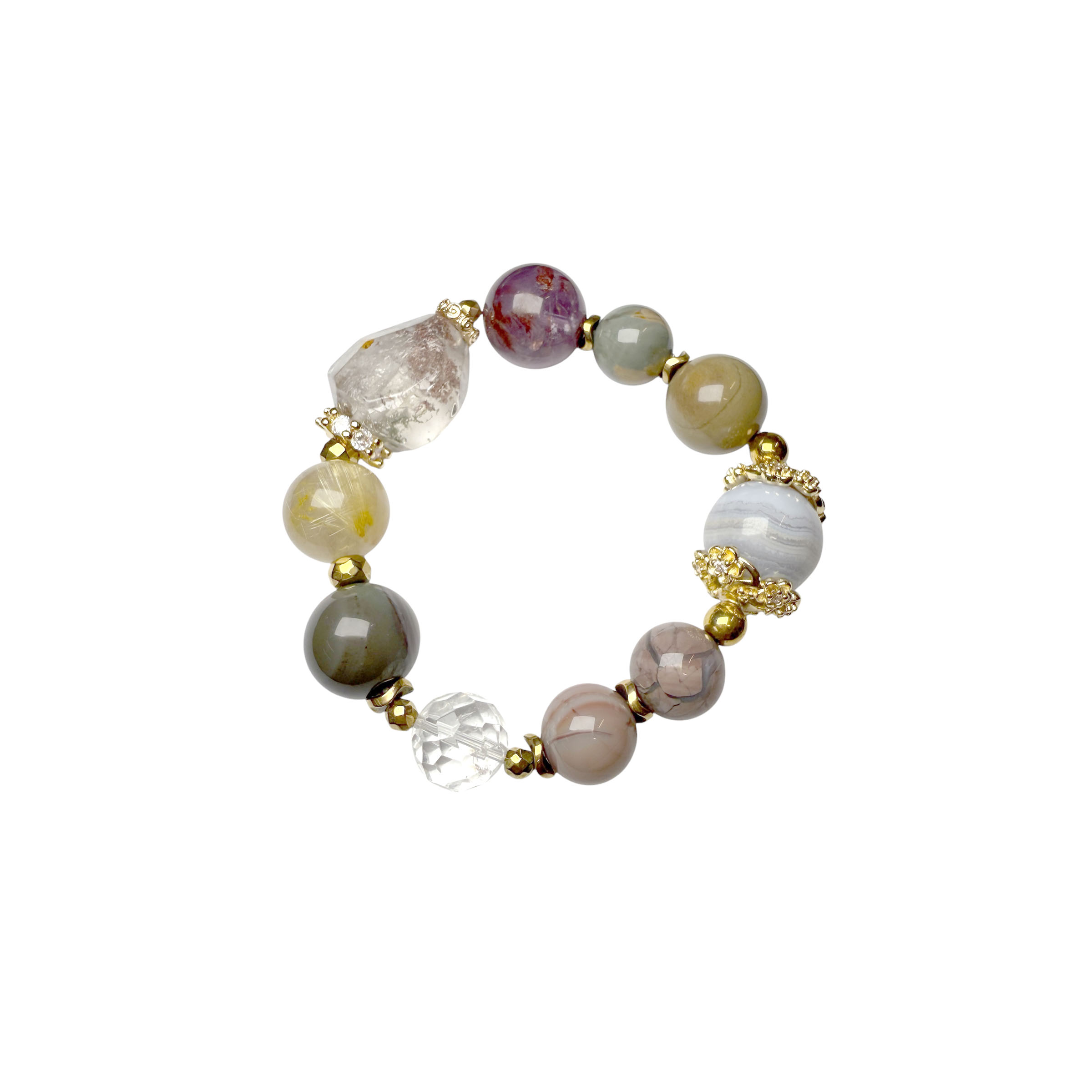 Bespoke Bracelet - Blue Lace Agate, Alashan, Golden Rutilated, Amethyst Phantom, Phantom Quartz, Faceted Clear Quartz