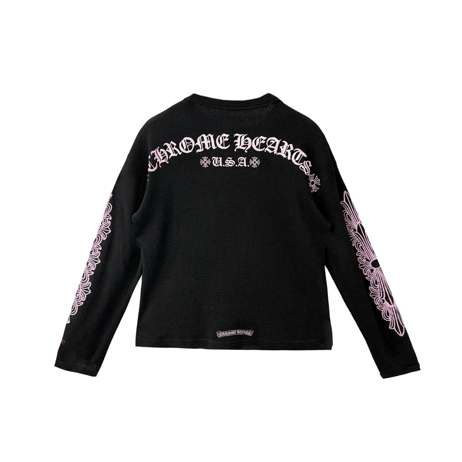 クロムハーツ Matty Boy ピンクスクリプト ブラックワッフルサーマル長袖Tシャツ