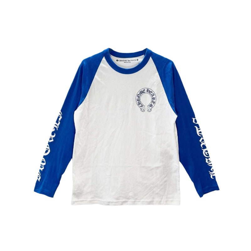 クロムハーツ CHホースシューロゴ入りブルー＆ホワイト長袖Tシャツ
