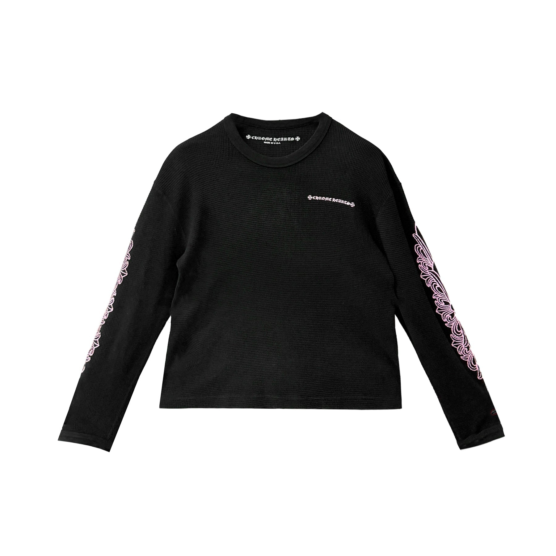 クロムハーツ Matty Boy ピンクスクリプト ブラックワッフルサーマル長袖Tシャツ