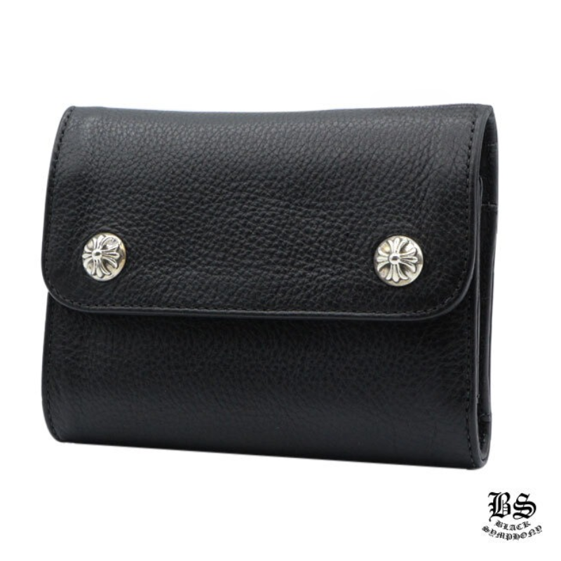 クロムハーツ ウェーブウォレット クロスボタン ブラック ヘビーレザー ミニ 財布