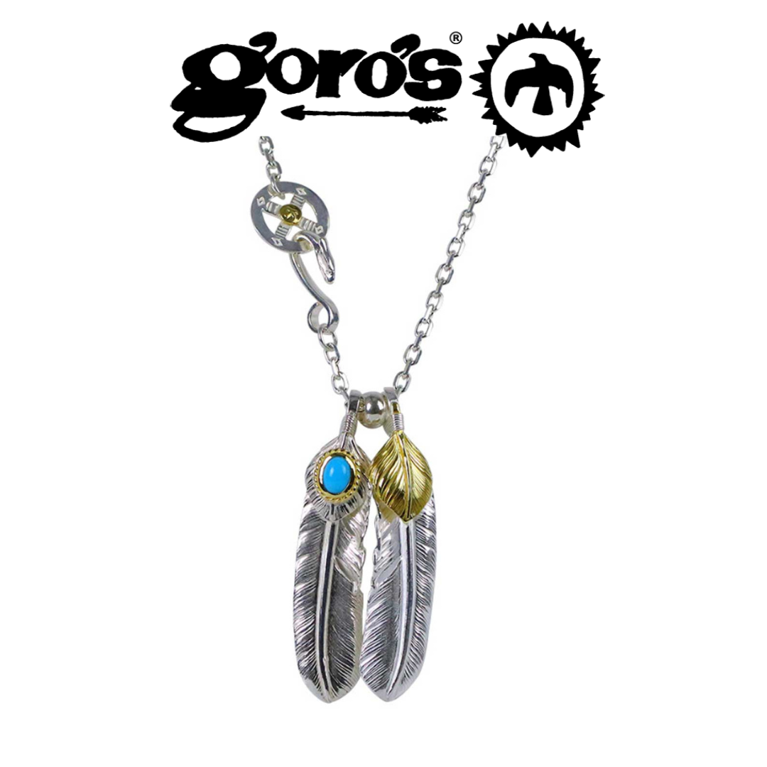 ゴローズ 上銀銀縄ターコイズ特大フェザー ローズ付き セット ネックレス　シルバー　金縄TQ 左向き × 上金 右向き 