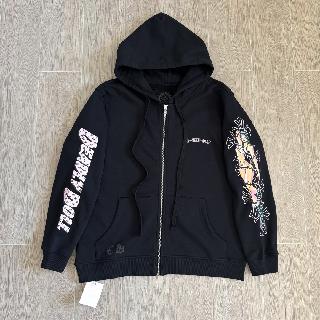 CHROME HEARTS (クロムハーツ) デッドリードール ピンク クロススクロールロゴ ジップアップパーカー