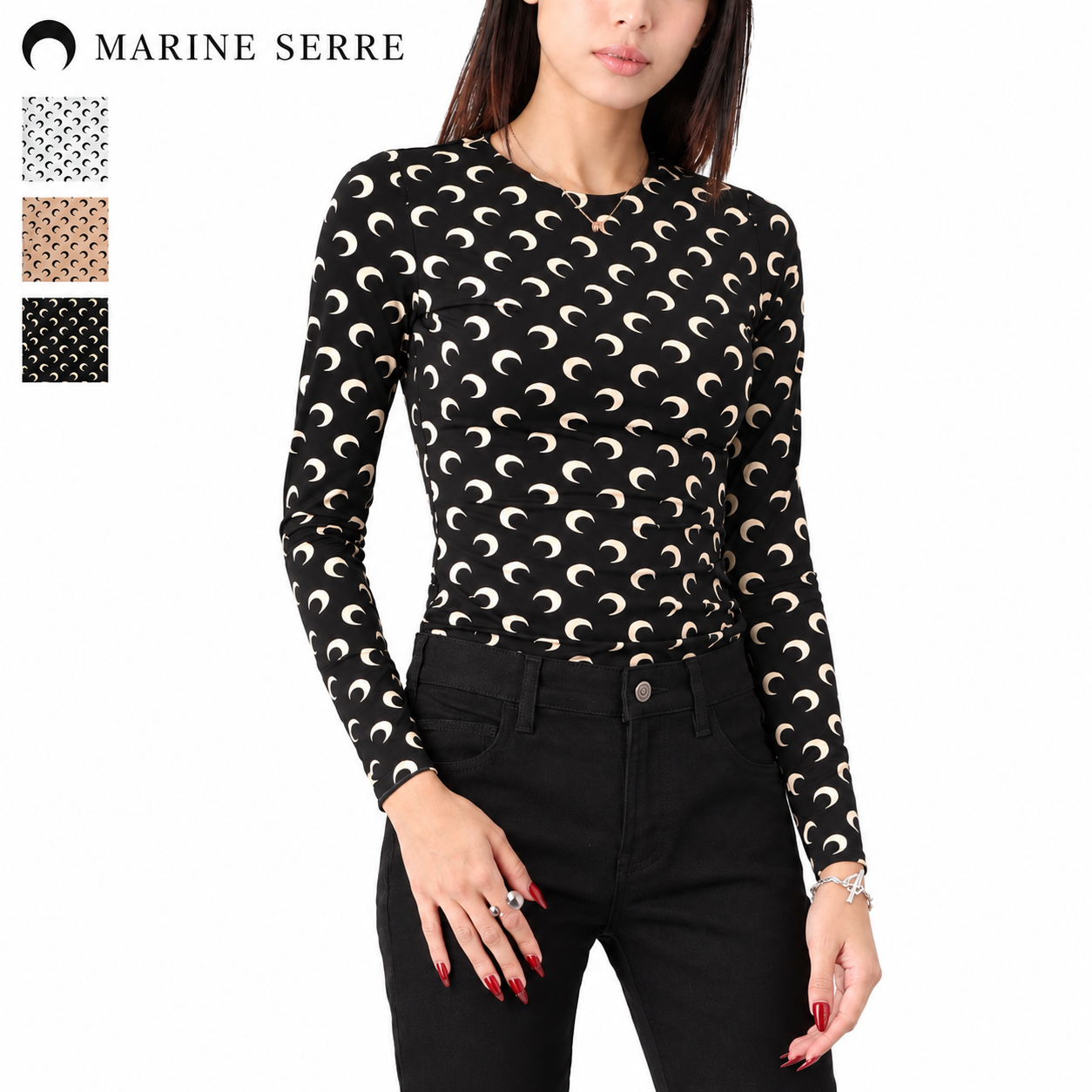 MARINE SERRE マリーン セル クルーネック長袖カットソー/REGENERATED AOM JERSEY LONG SLEEVES SECOND SKIN レディース
