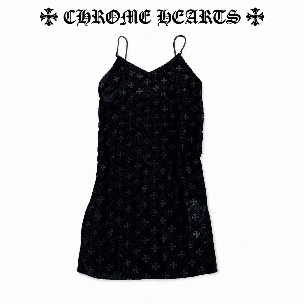 CHROME HEARTS (クロムハーツ)   ブラック クロスモノグラム キャミソールワンピース ベロア調 ミニドレス