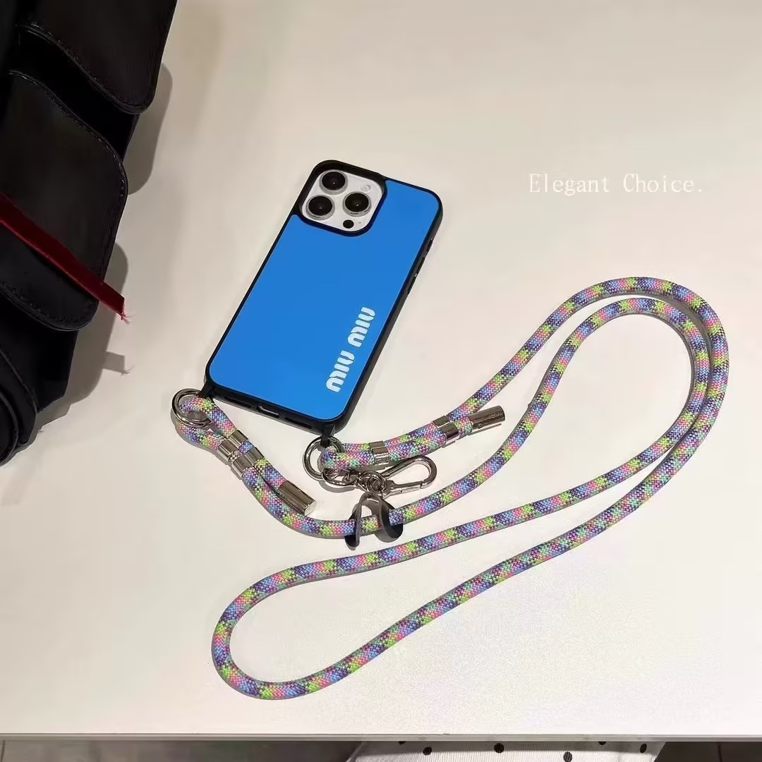 MIUMIU iPhone 15 iPhone 15Pro iPhone 15Pro Max iPhone 15Plus   耐衝撃  iPhoneケース ミュウミュウ ストラップ付き　ブラック　ブルー