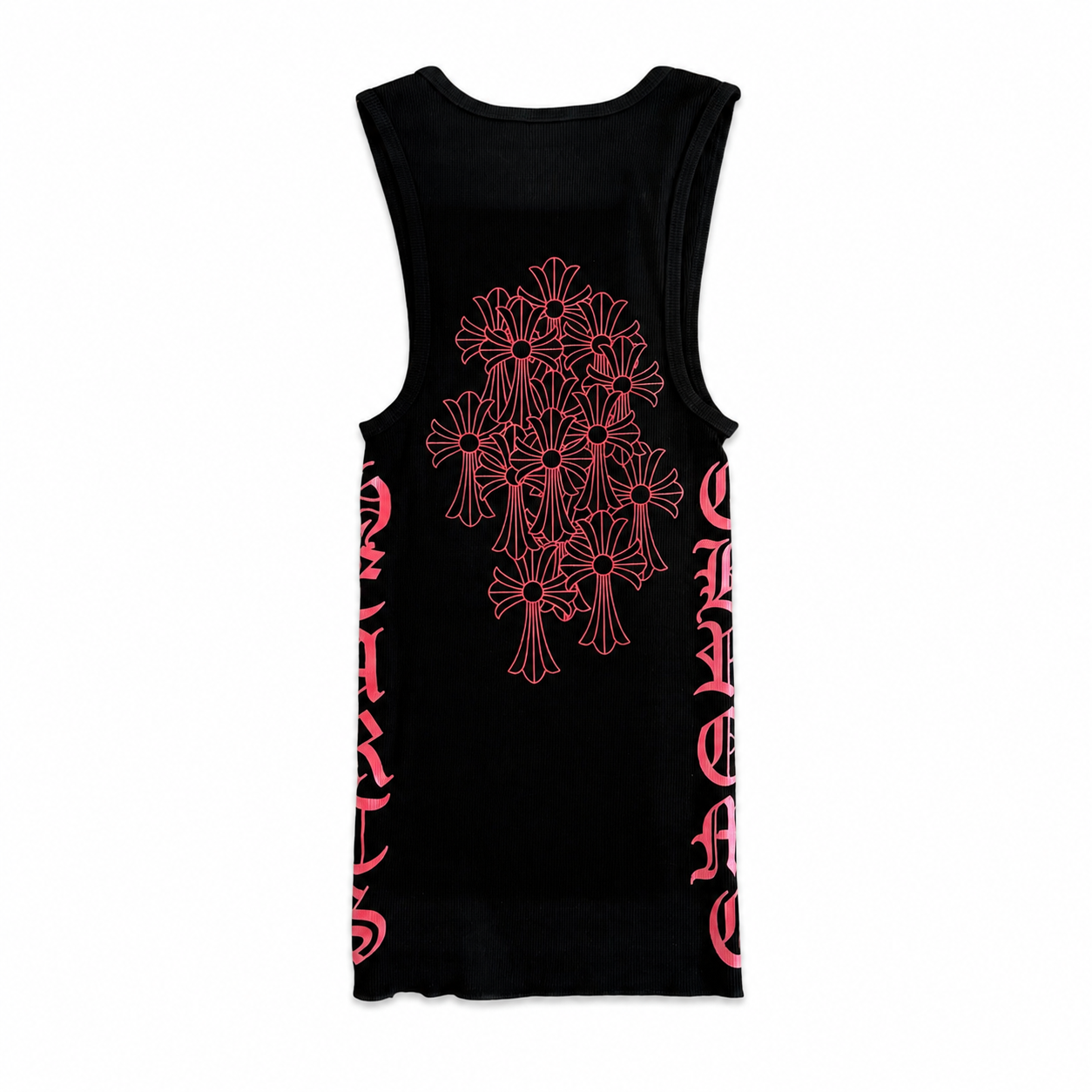 CHROME HEARTS (クロムハーツ) ブラック×ピンク クロスフローラル サイドロゴ リブタンクトップ ノースリーブ メンズ　レディース　男女兼用