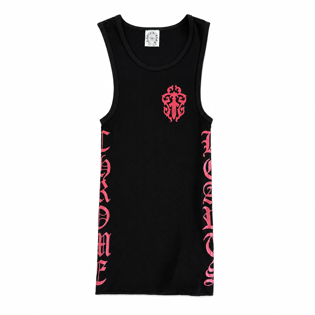 CHROME HEARTS (クロムハーツ) ブラック×ピンク クロスフローラル サイドロゴ リブタンクトップ ノースリーブ メンズ　レディース　男女兼用