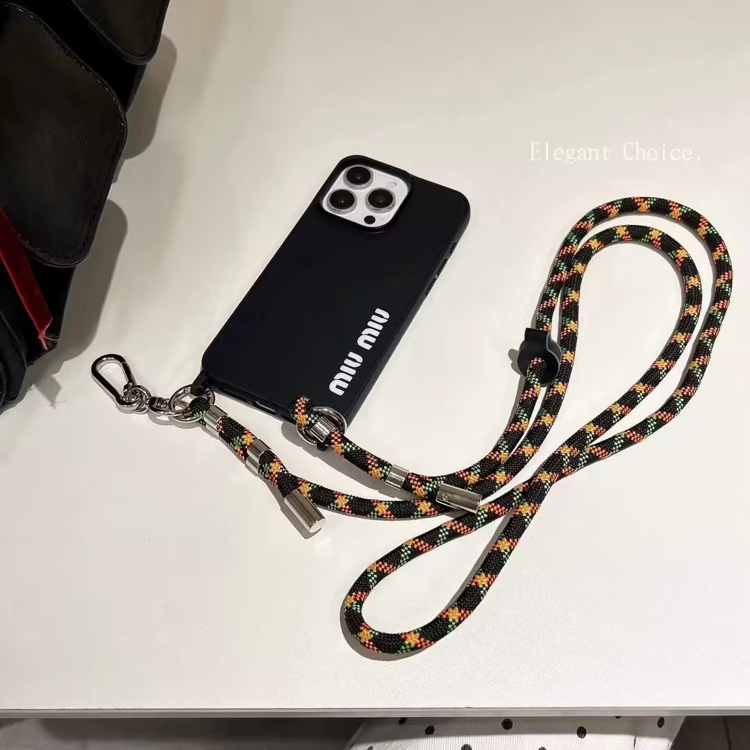 MIUMIU iPhone 15 iPhone 15Pro iPhone 15Pro Max iPhone 15Plus   耐衝撃  iPhoneケース ミュウミュウ ストラップ付き　ブラック　ブルー