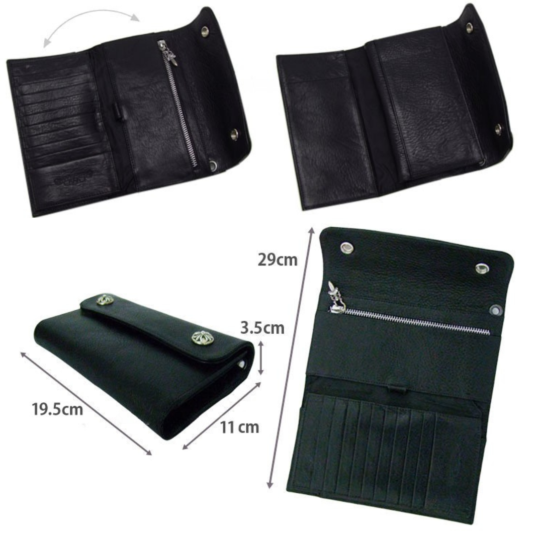  クロムハーツ ウェーブウォレット クロスボタン ブラック ヘビーレザー