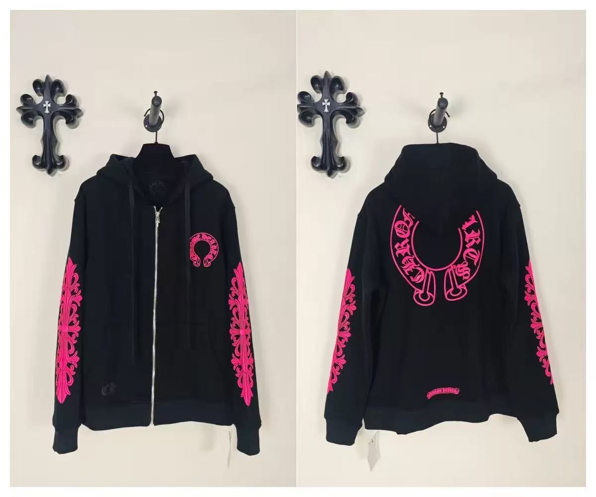CHROME HEARTS (クロムハーツ) ピンクのホースシュー柄花柄スリーブジップアップパーカ