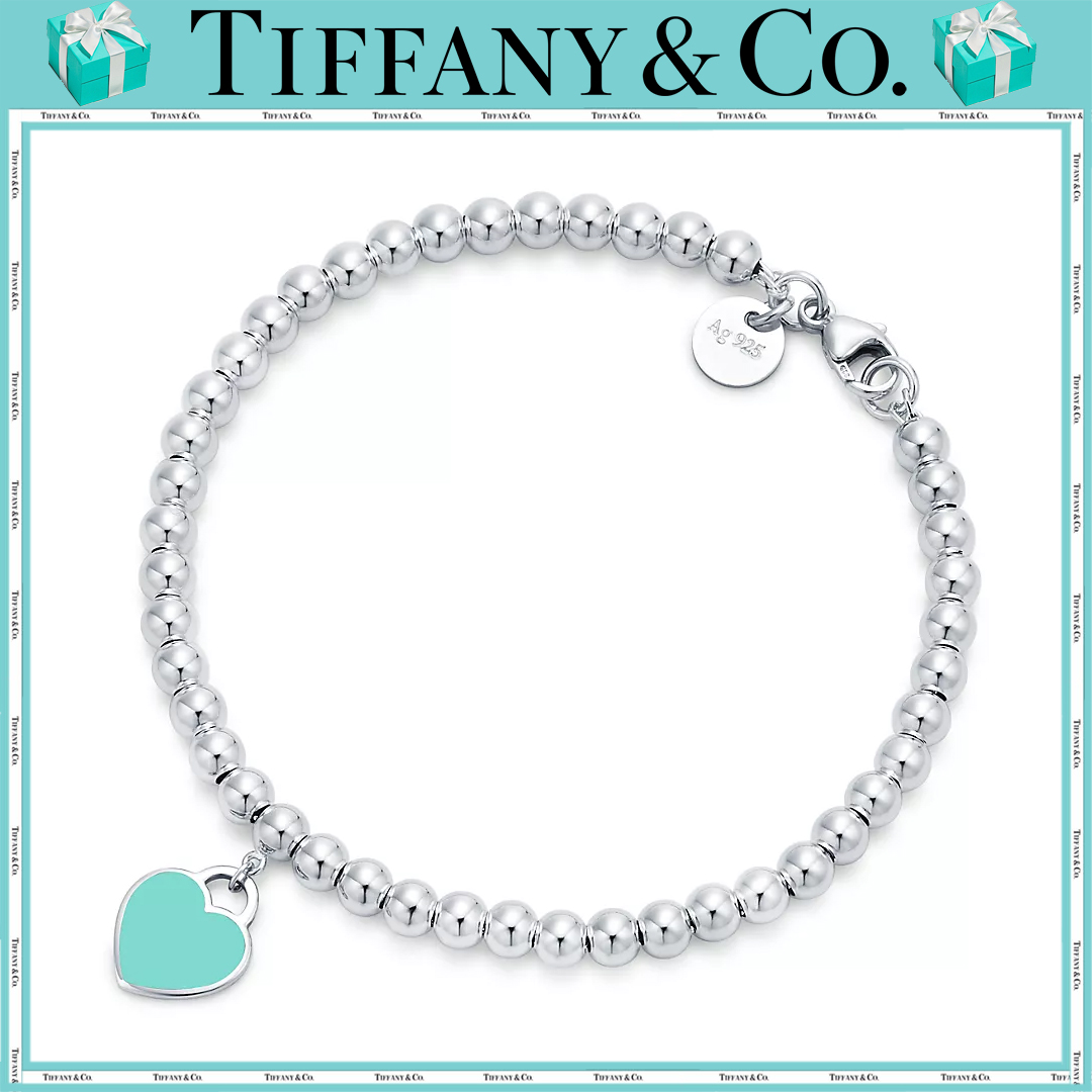 【国内発送/直営店】ティファニー ブルー ハート タグ ビーズ ブレスレット シルバー、4mm