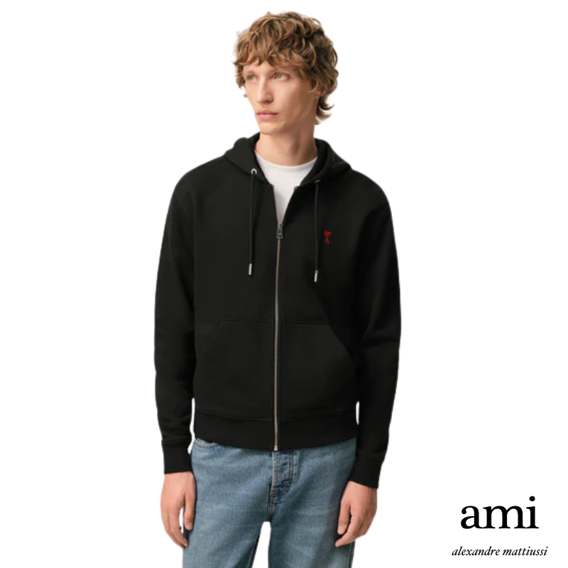 Ami paris【パーマネントコレクション】ブラック オーガニックコットン Ami de Coeur ジップパーカー