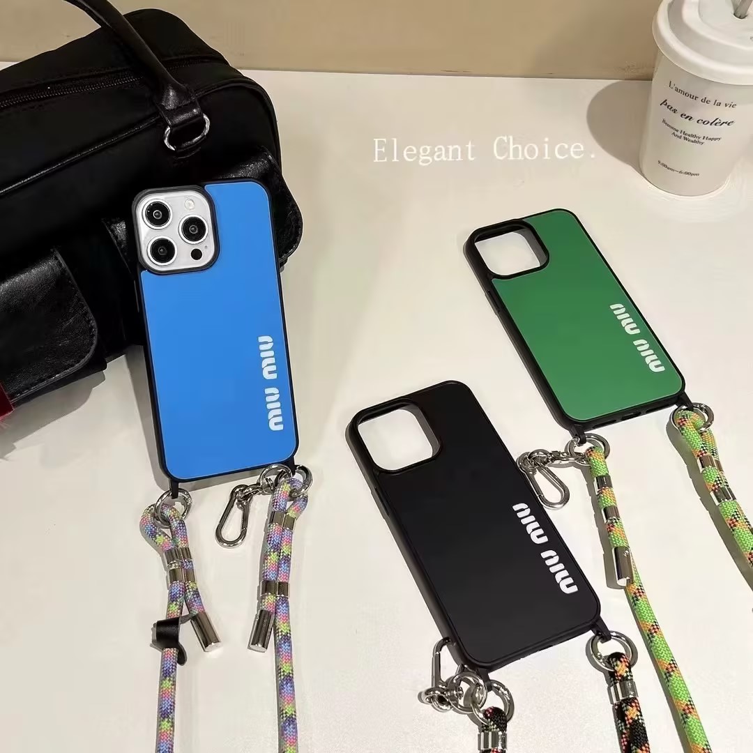 MIUMIU iPhone 15 iPhone 15Pro iPhone 15Pro Max iPhone 15Plus   耐衝撃  iPhoneケース ミュウミュウ ストラップ付き　ブラック　ブルー