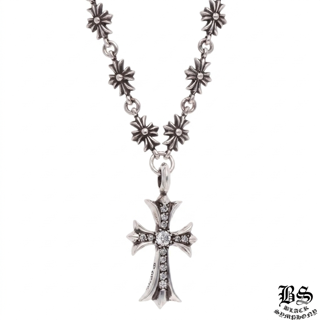 Chrome Hearts シルバー PAVEダイヤネックレス TNY E20 CRS F P DIA タイニーEファットクロス