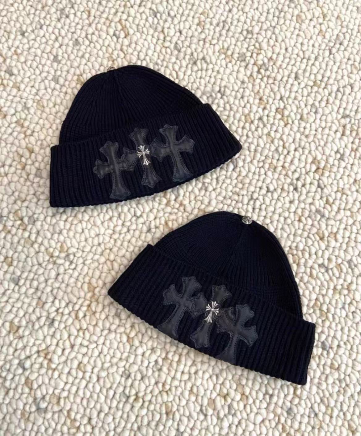 Chrome Hearts　クロムハーツ カシミア ブラック トリプル レザー クロス シルバー ロゴ クロス ビーニー