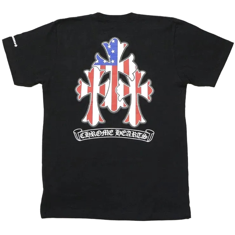 Chrome Heartsクロムハーツ Tシャツ 3セメタリークロス スター＆ストライプ ブラック