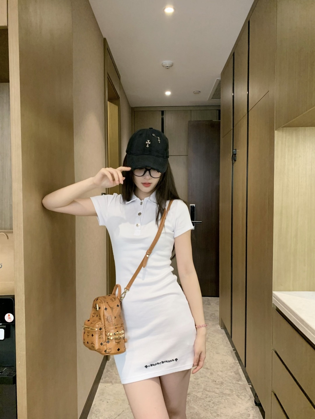 CHROME HEARTS (クロムハーツ)  レディース ポロワンピース ホワイトクロスロゴ 半袖 リブワンピース