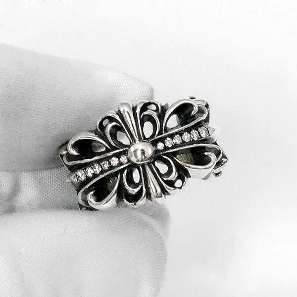 【希少】 CHROME HEARTS クロムハーツ ダブルフローラルクロス ダイヤモンド リング メンズ ダイヤ 指輪フリーサイズ 黒/白/