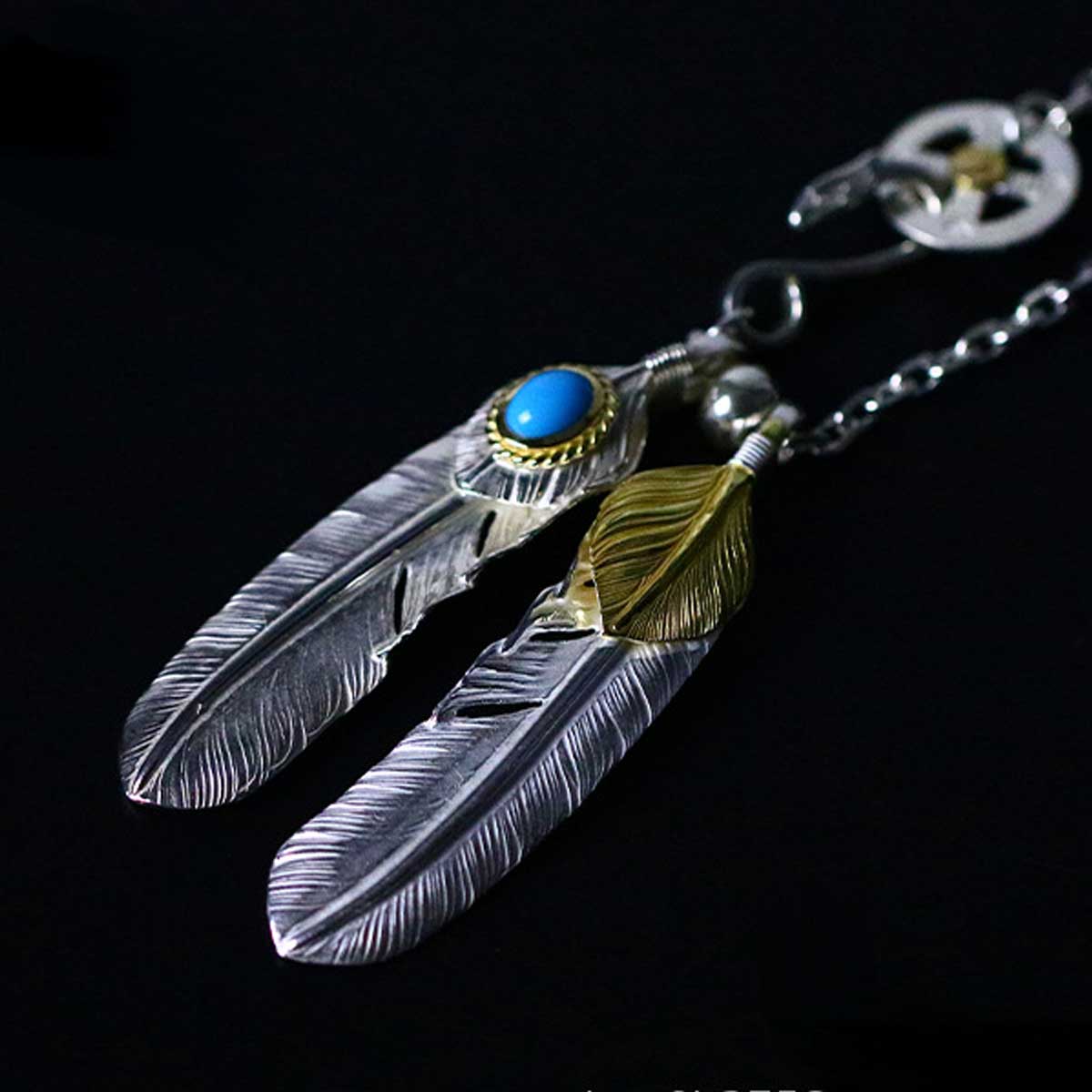 ゴローズ 上銀銀縄ターコイズ特大フェザー ローズ付き セット ネックレス　シルバー　金縄TQ 左向き × 上金 右向き 