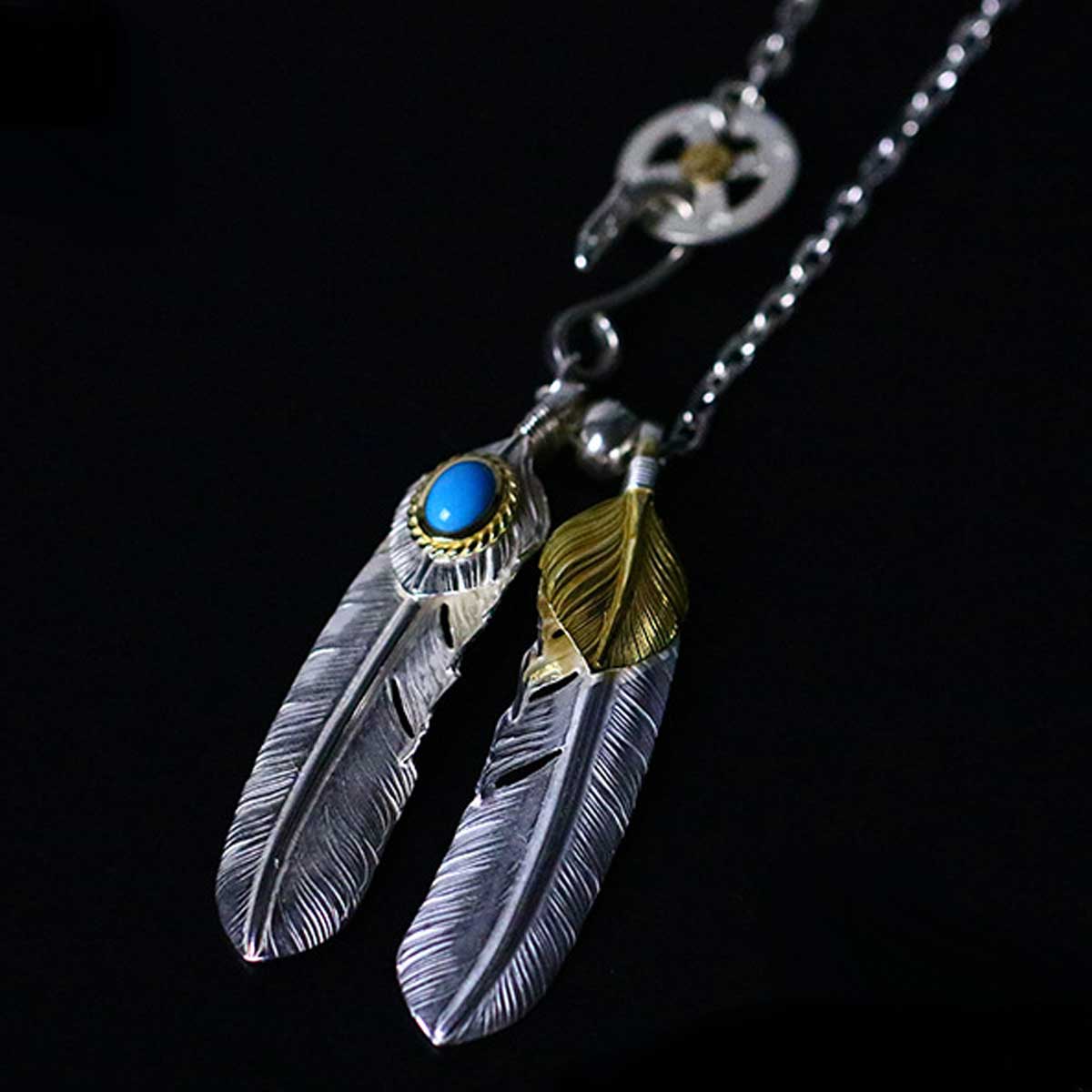 ゴローズ 上銀銀縄ターコイズ特大フェザー ローズ付き セット ネックレス　シルバー　金縄TQ 左向き × 上金 右向き 