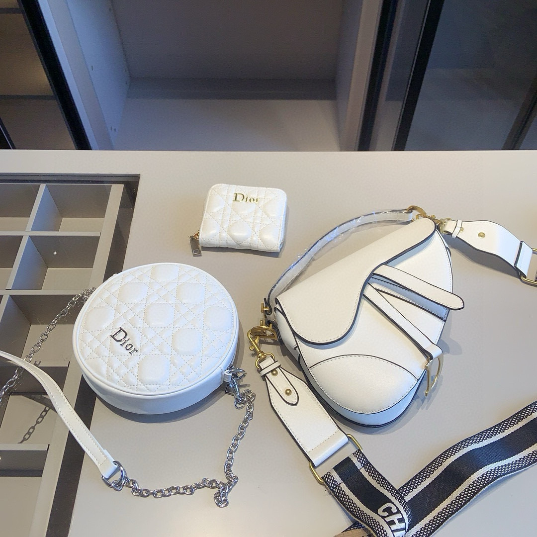 Diorディオール ギフトセット 3点 セット　 Saddle バッグ+CARO ラウンドポーチ（チェーンショルダー付き）＋ミニ財布　白