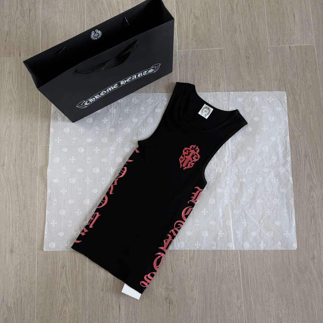 CHROME HEARTS (クロムハーツ) ブラック×ピンク クロスフローラル サイドロゴ リブタンクトップ ノースリーブ メンズ レディース 男女兼用