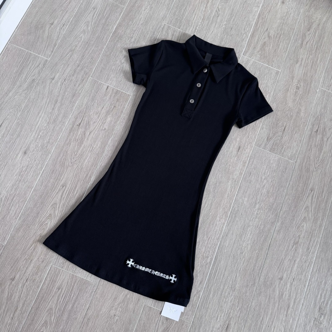 CHROME HEARTS (クロムハーツ)  レディース ポロワンピース ブラック　クロスロゴ 半袖 リブワンピース